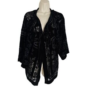 Birch Hill Black Burnout Velvet Kimono Cardigan Paisley Beaded Tassel Open Front